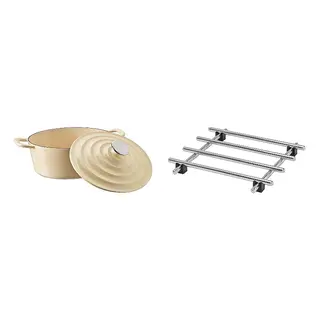 LÄMPLIG/VARDAGEN set: casserole with lid + pot stand, enamelled cast iron light yellow + stainless steel, 4 l