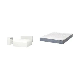 BRIMNES/VALEVÅG Bed with 24cm thick mattress, pocket sprung, foam,5 comfort zones, extra firm, white + extra firm/light blue