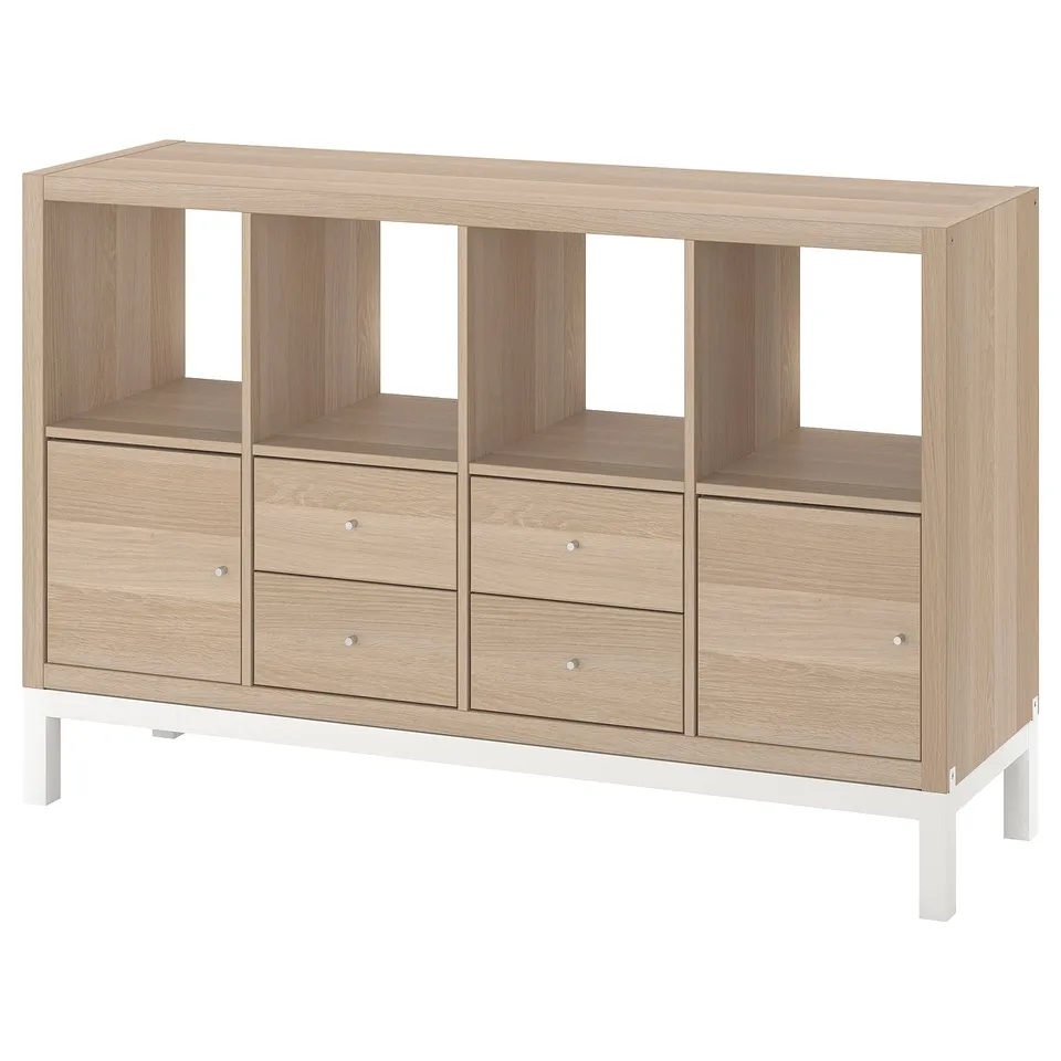 Oak KALLAX shelving: 3 drawers, 3 shelves, white base.