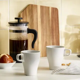 FÄRGRIK/UPPHETTA set: coffee/tea maker + mug x2, glass/stainless steel + stoneware white, 1 l