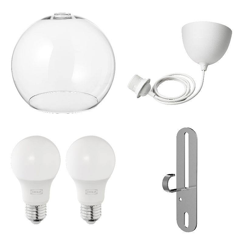 FÖRUT/HAVSDJUP/JAKOBSBYN/SOLHETTA set: pendant lamp shade + cord set + LED bulb E27 470 lumen + pendant/ceiling lamp hook, clear glass + white + globe opal white, 30 cm