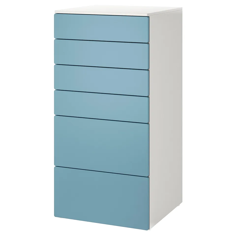 SMÅSTAD blue chest with six drawers, slim design, white frame.