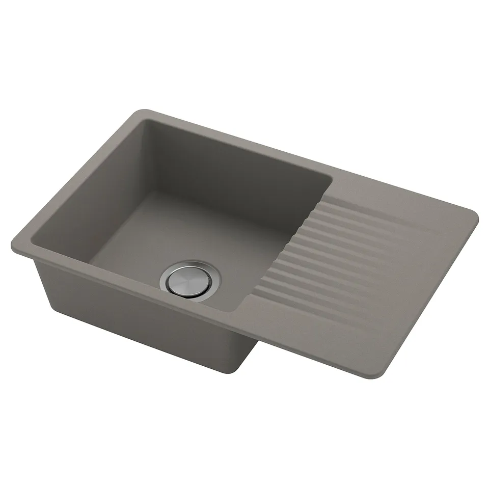 KILSVIKEN grey quartz sink, single bowl with drainboard, durable, stain-resistant, unique natural pattern.