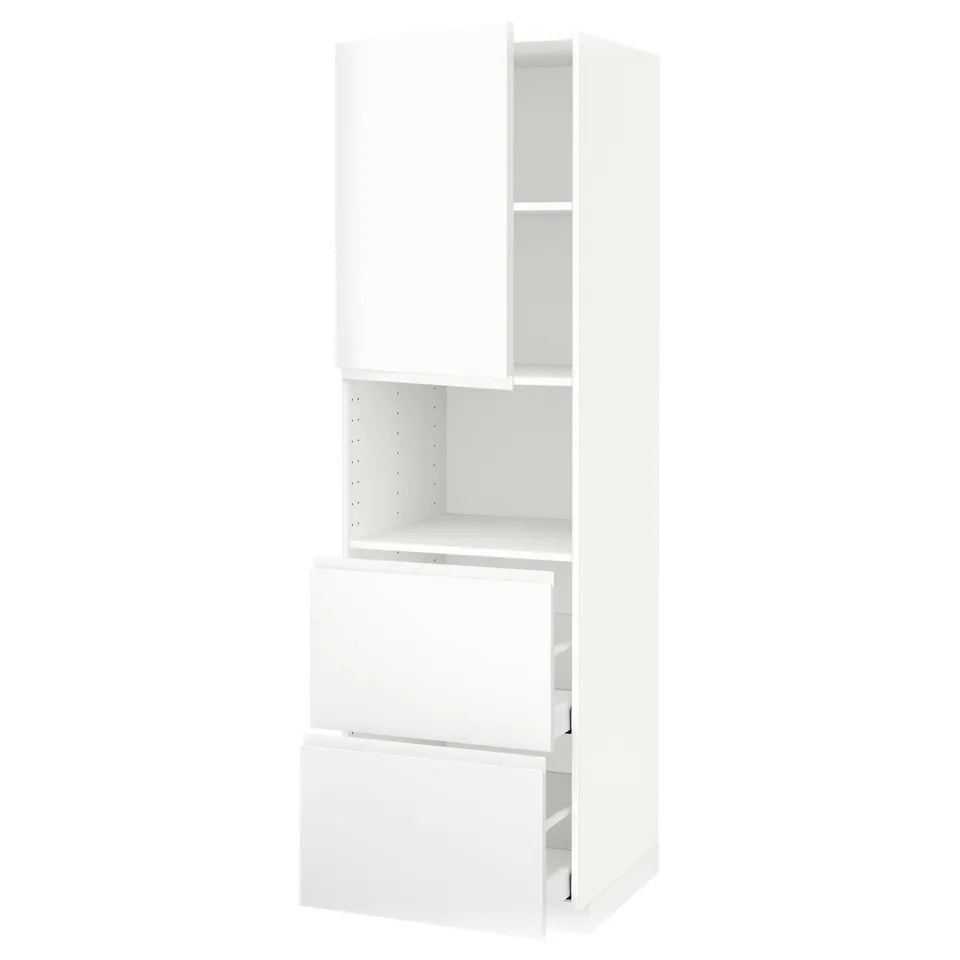 Modern, white METOD kitchen unit with minimalist design, featuring drawers and open shelves.