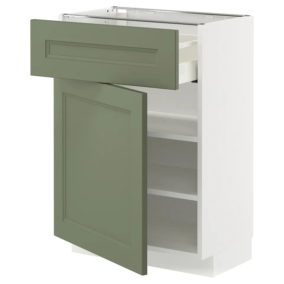 METOD kitchen unit with green-gray doors and adjustable shelves.