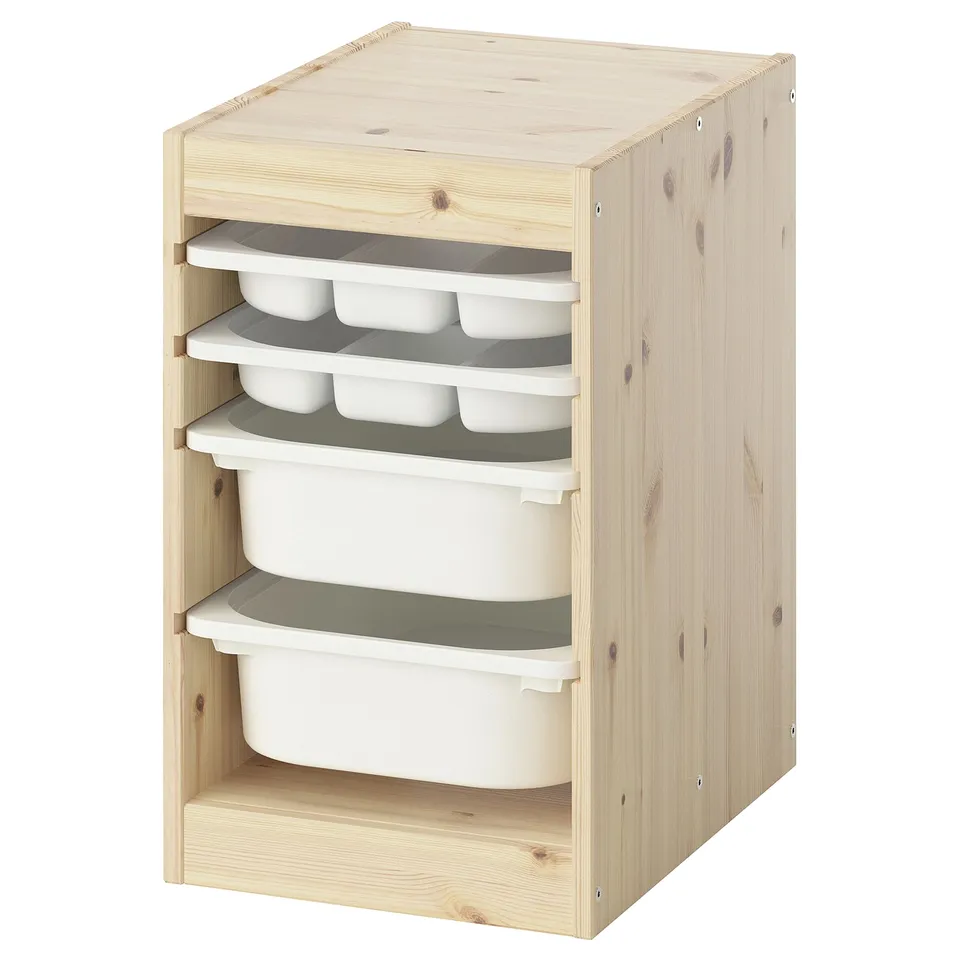 TROFAST storage unit, light wood, white & green bins, rectangular, open front design.