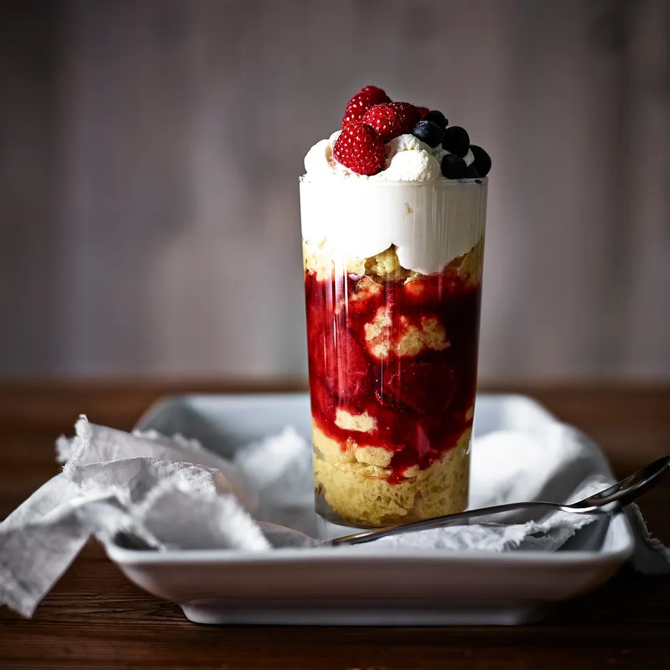 A glass filled with layered strawberry pudding, cream, and mixed berries on top. Clear, cylindrical shape, placed on a white cloth and plate.
