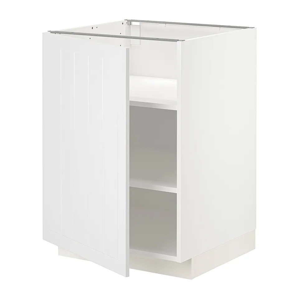 METOD white kitchen cabinet with adjustable shelves and removable door.