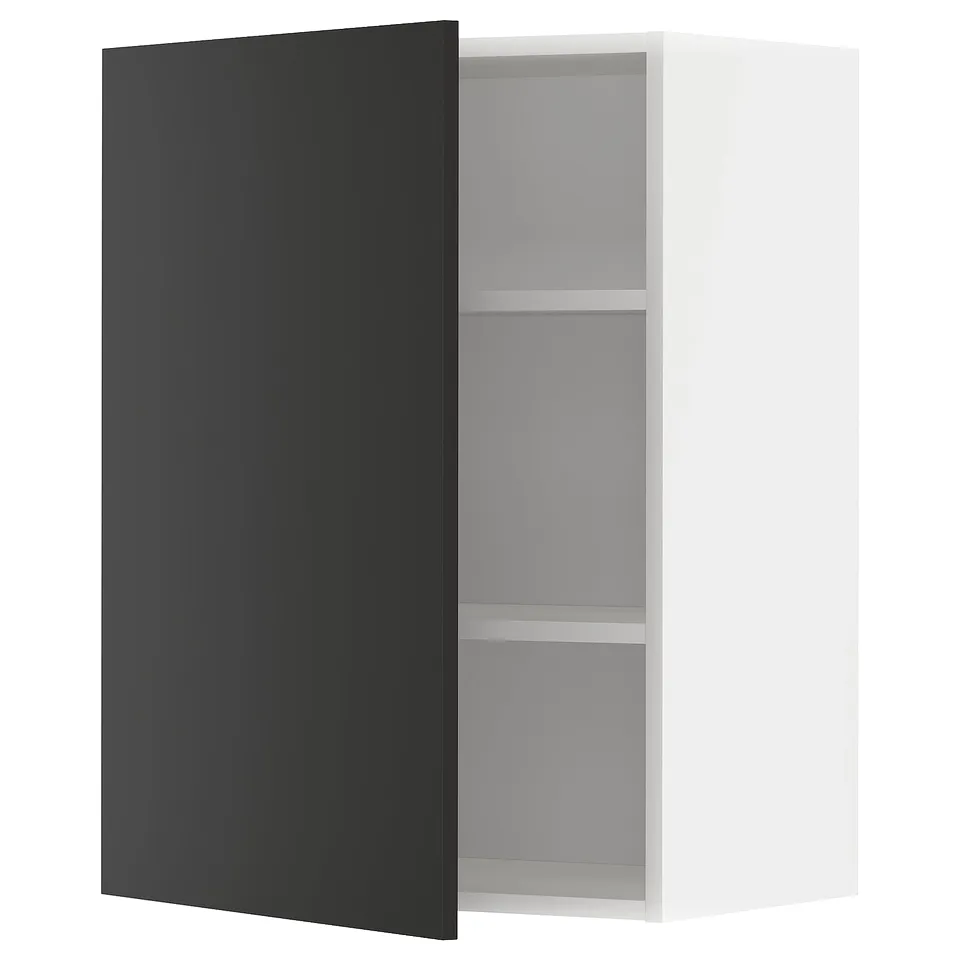 A white wall-mounted kitchen cabinet with a black matt door, featuring two shelves inside.