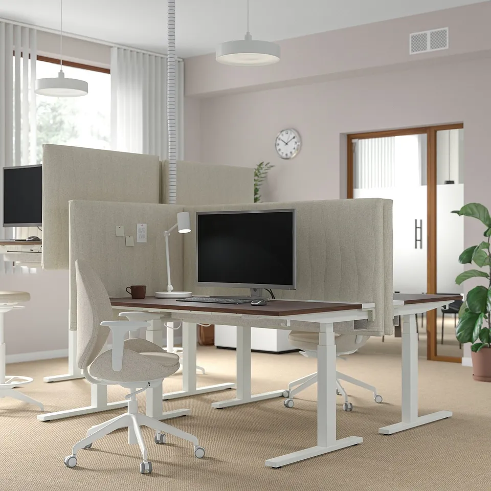 MITTZON sit-stand desk: dual motor, smooth, ergonomic, white legs, grey screens, white chair.