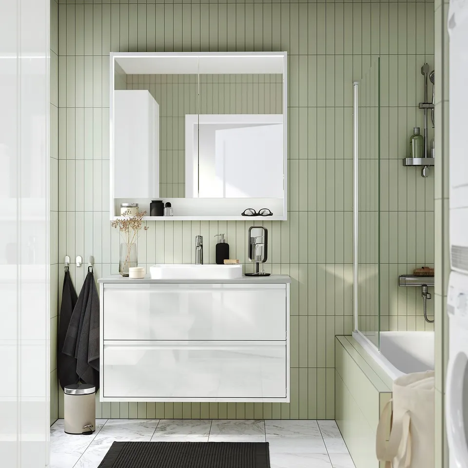 ÄNGSJÖN / BACKSJÖN Wash-stnd w drawers/wash-basin, high-gloss white/grey stone effect, 102x49x71 cm