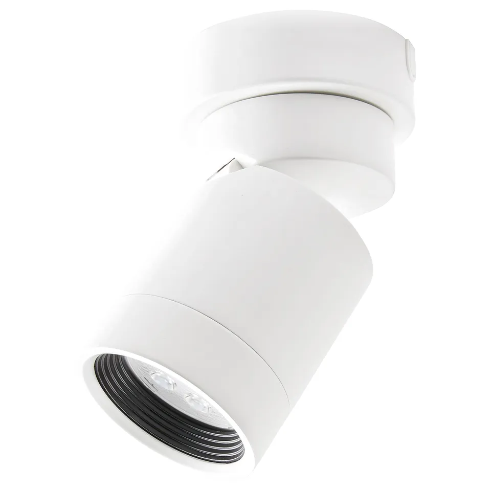 White NYMÅNE ceiling light, modern design, adjustable spot, metallic shade.