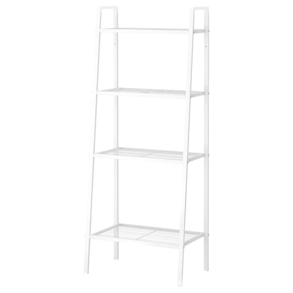 A white LERBERG four-tier metal shelving unit with a minimalist design.