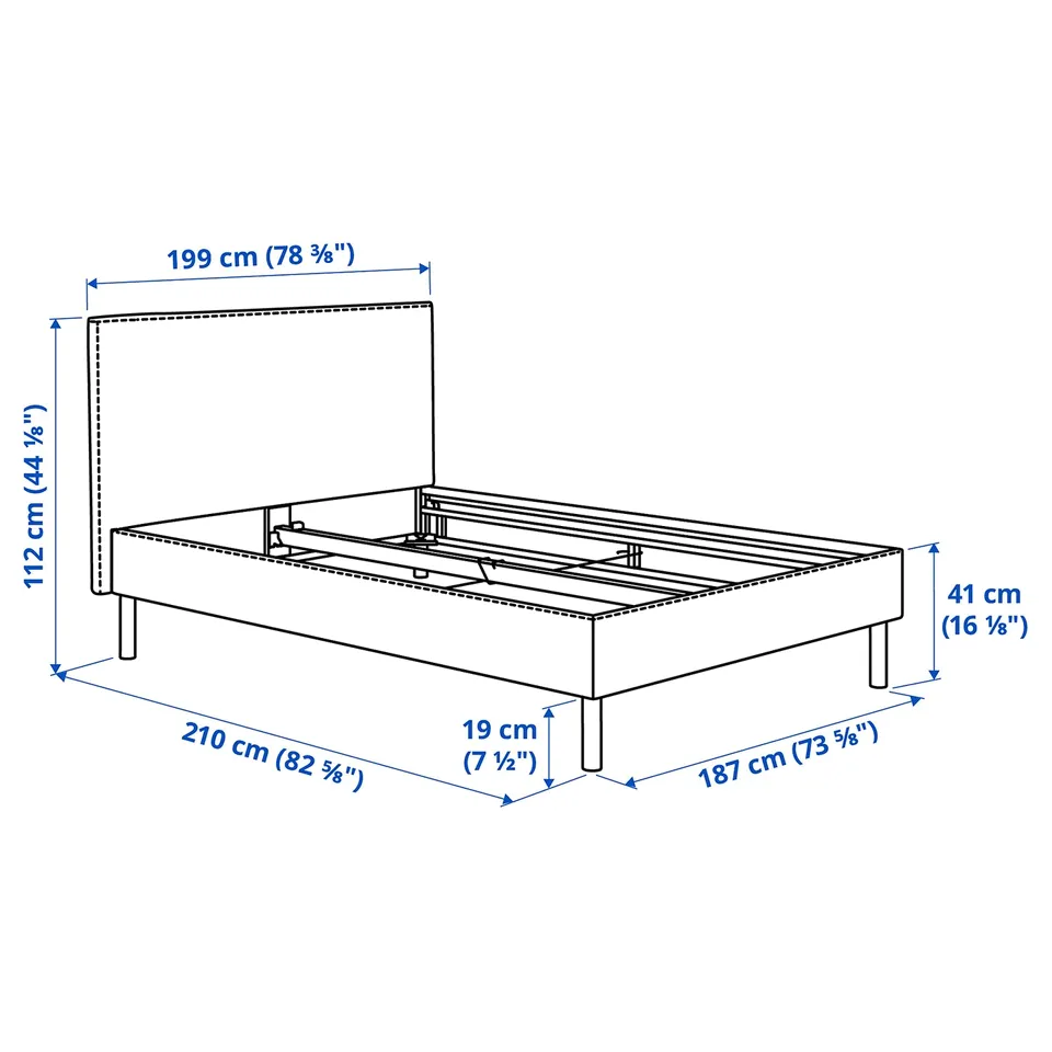 TÄRNKULLEN Upholstered bed frame, Tibbleby beige/grey/Lindbåden, 180x200 cm