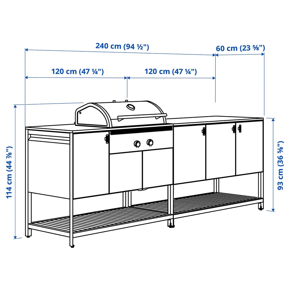 BÅTSKÄR Outdoor kitchen w charcoal barbecue, dark grey, 240x60 cm