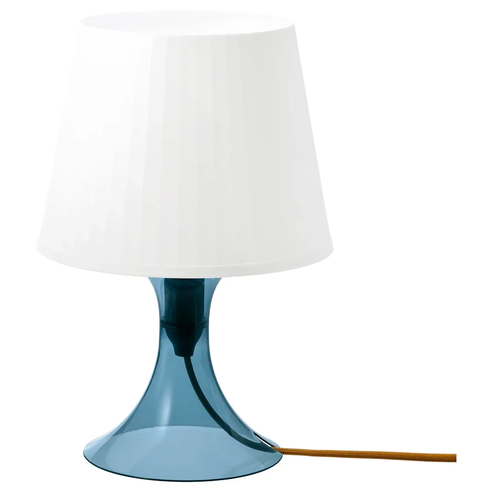 LAMPAN lamp: teal base, white shade. Modern, sleek design. Soft light for cosy mood.