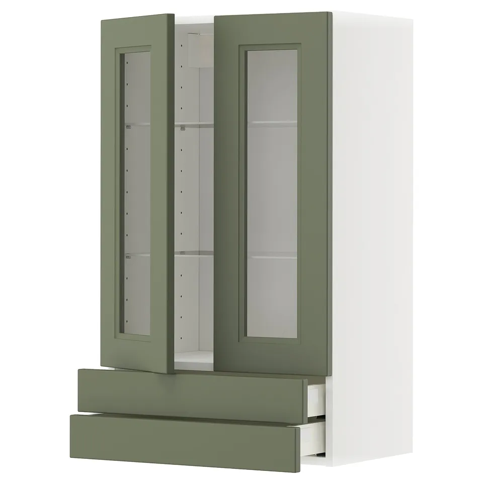 Green glass-doored cabinet with pull-out drawers, modern design.