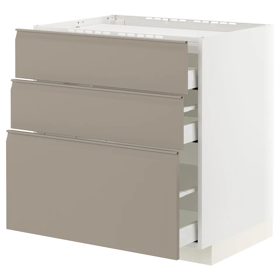 A modern, off-white cabinet with three beige drawers. It a sleek, minimalist design with integrated handles.