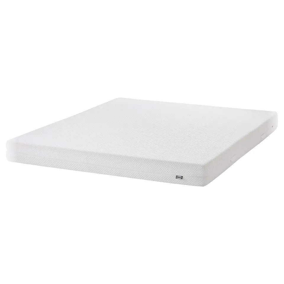 White ÅBYGDA foam mattress, rectangular, 2-layered with memory foam for comfort and support, washable cover.