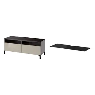 BESTÅ set: TV bench with drawers + top panel for TV, black-brown/Selsviken high-gloss/beige + glass black, Width 120 x Depth 42 x Height 48 cm