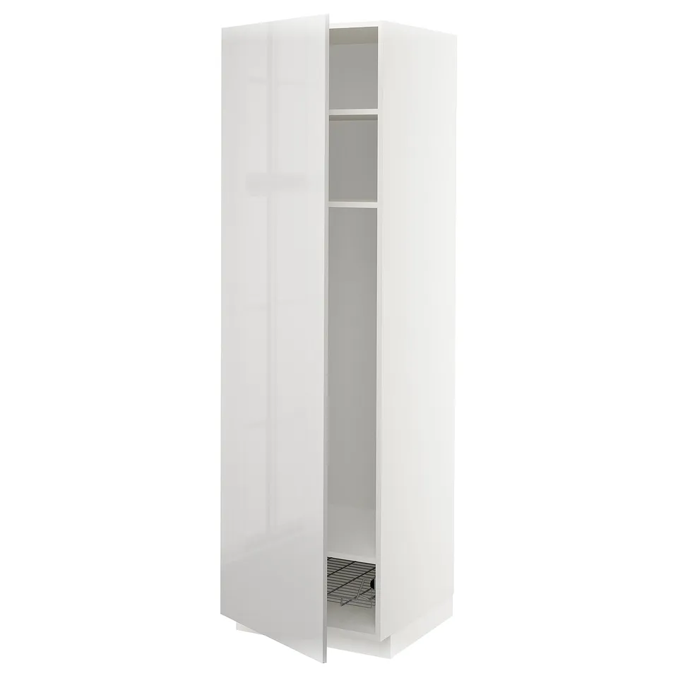 White high gloss METOD kitchen cabinet, tall and square with one shelf and an open door.