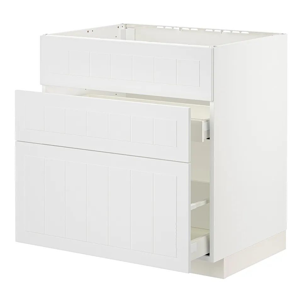 White METOD kitchen unit with stensund fronts. 2 drawers, smooth-running with soft-closing mechanism, white fiberboard & melamine finish.