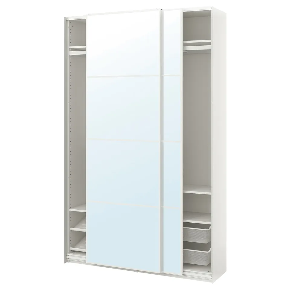 White PAX wardrobe with glass doors, metal shelves, and mesh basket for storage. Sliding doors, modern design.
