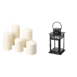 candle + closed lantern set: unscented pillar candle, set of 5 + lantern for block candle, natural + in/outdoor black