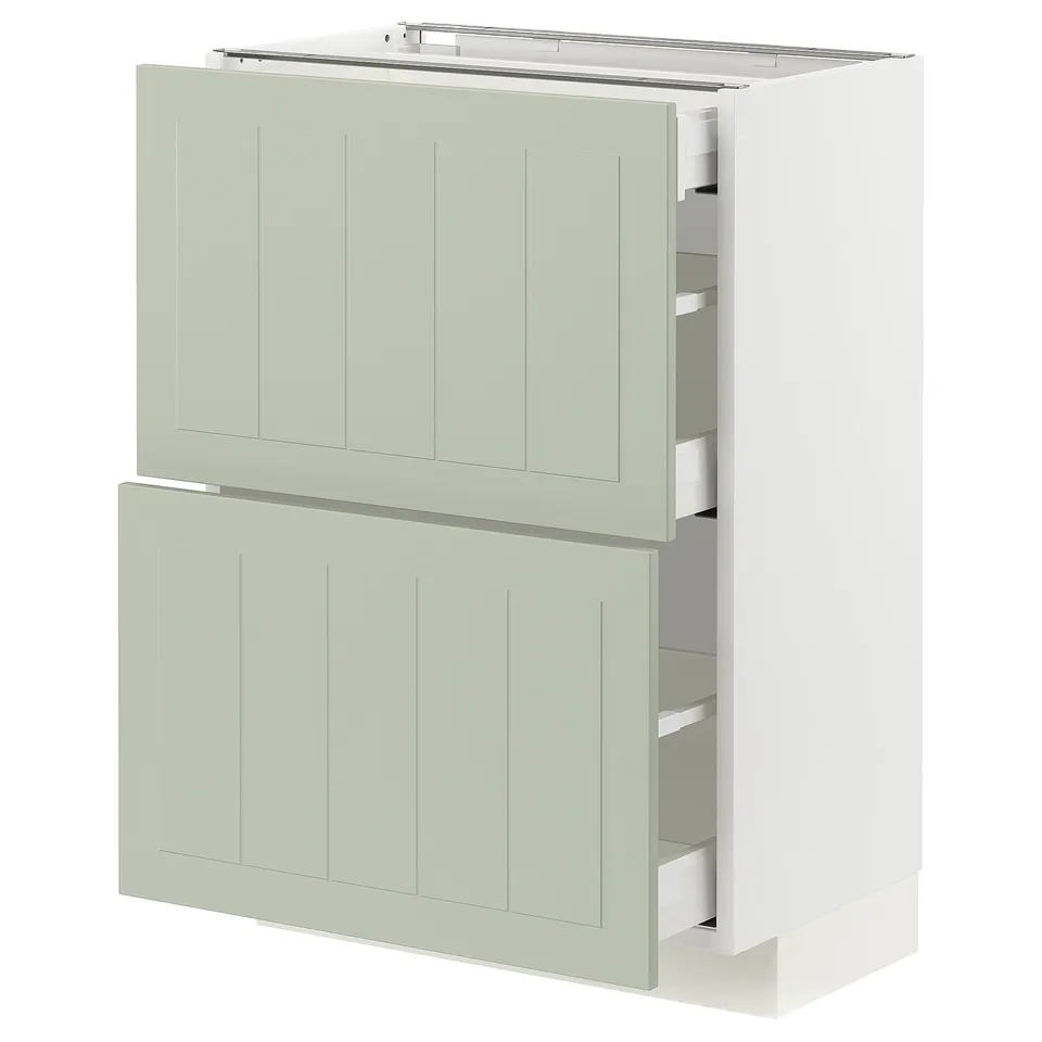 White METOD kitchen unit with green drawers and doors, rectangular, shallow.