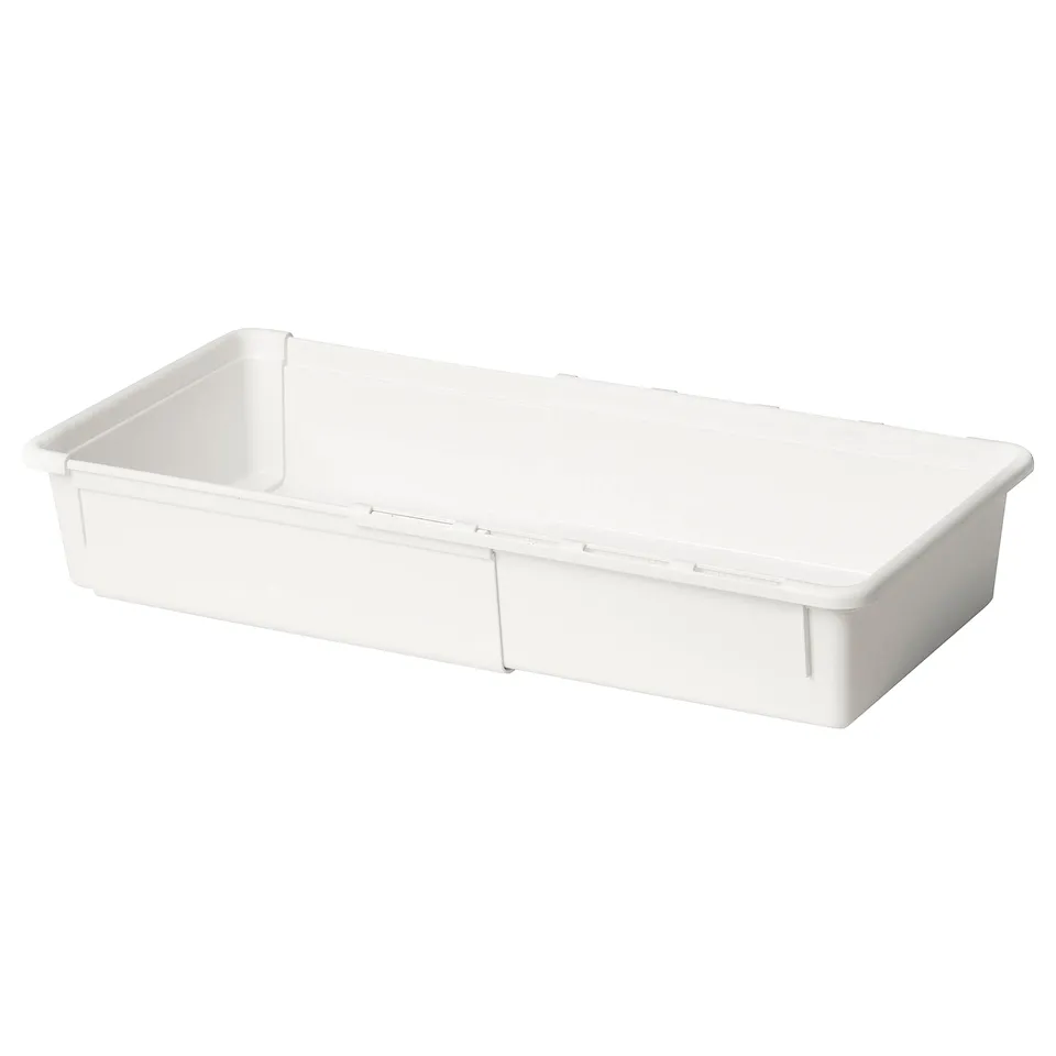 A KACKLA extendable white plastic box used for organising.