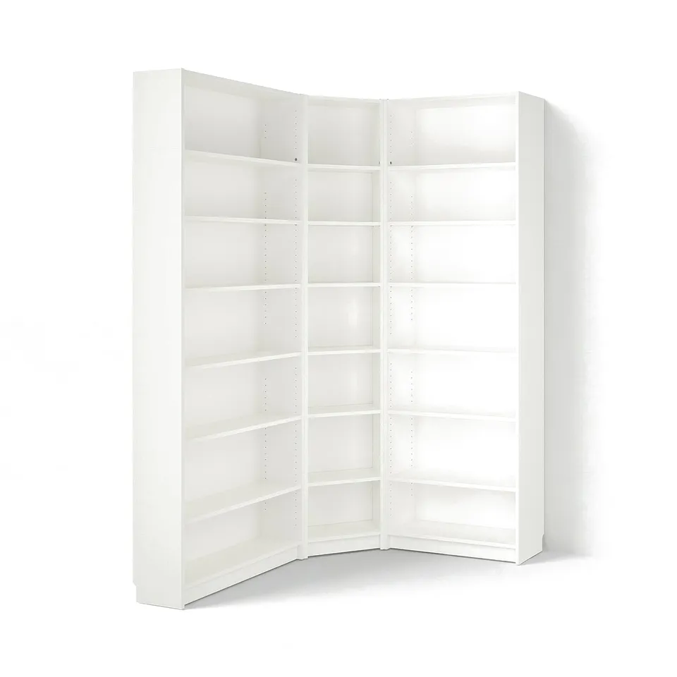 White BILLY corner bookshelf; three sections, adjustable shelves, sleek minimal design.