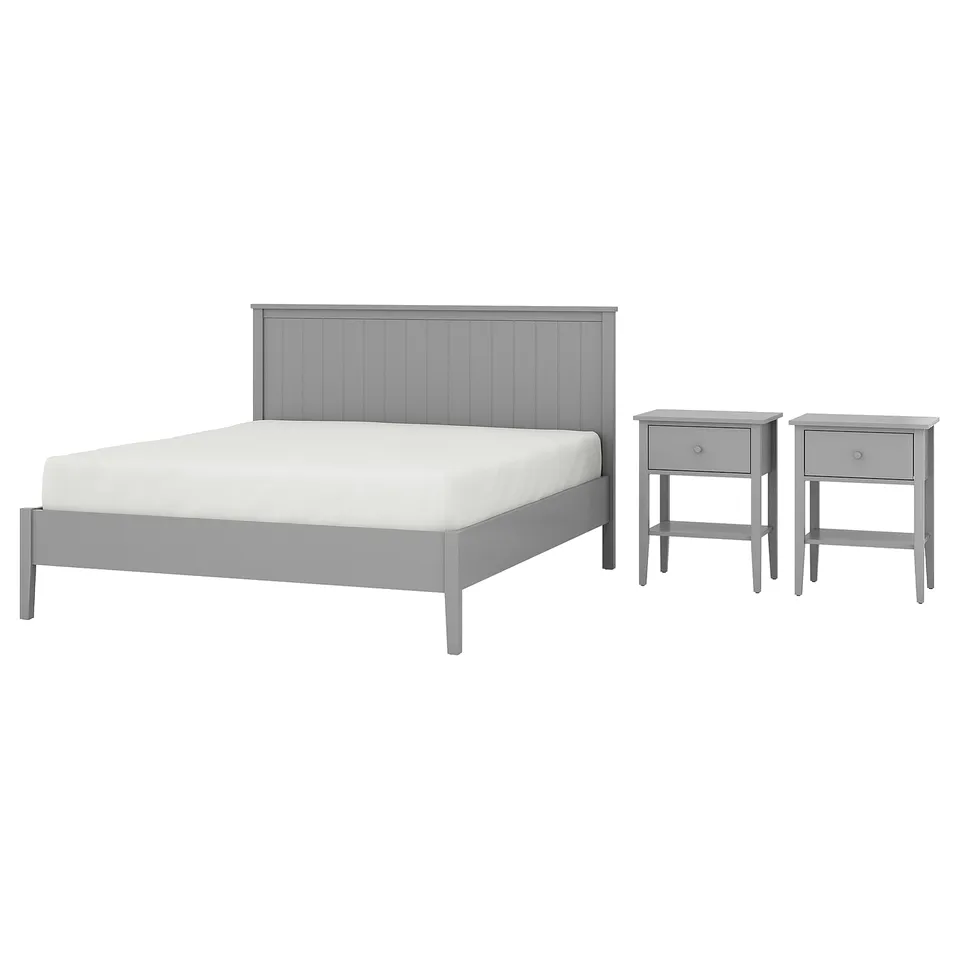 A grey gullberg bed set. The bed set includes a headboard, bed frame, and two matching nightstands.
