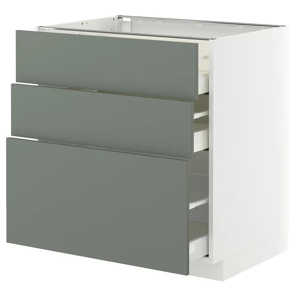 Grey-green kitchen cabinet with three drawers.