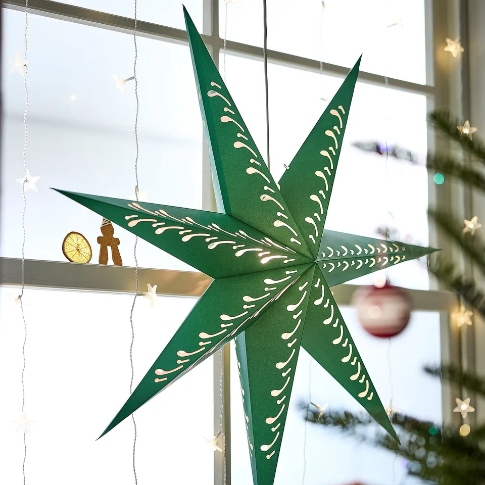 STRÅLA Lamp shade, paper star/green white, 90 cm