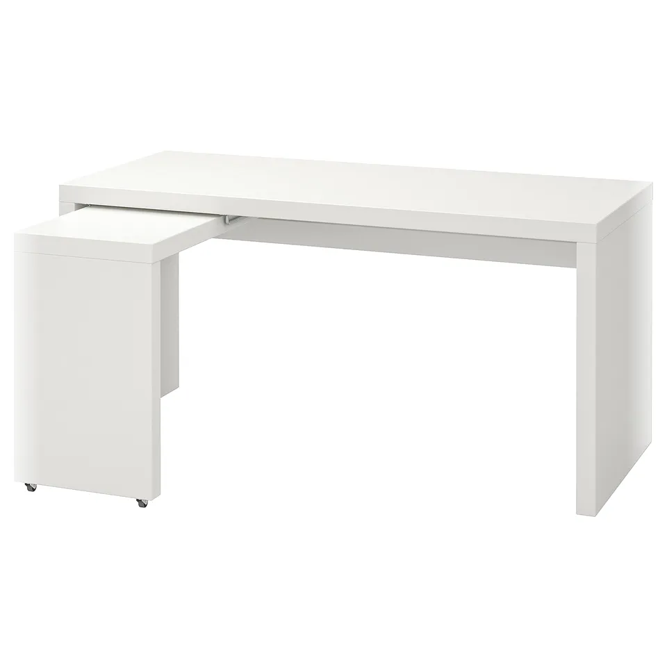 A white MALM desk with a pull-out panel, featuring a minimalist design with a clean, straight shape and white finish.
