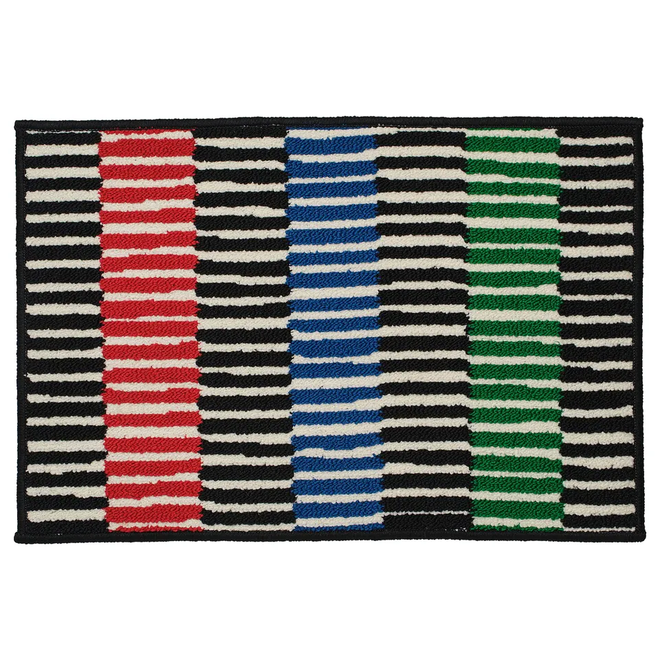 Vandplats door mat, black & white stripes with red, blue, green stripes, rectangular.
