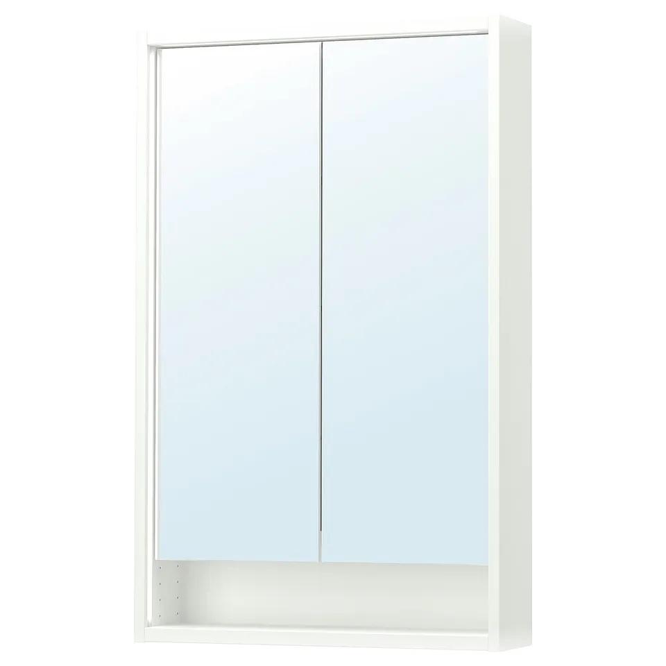 White FAXÄLVEN mirror cabinet with lighting.