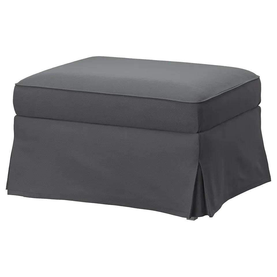 EKTORP grey footstool, rectangular with gathered skirt, made from recycled polyester.