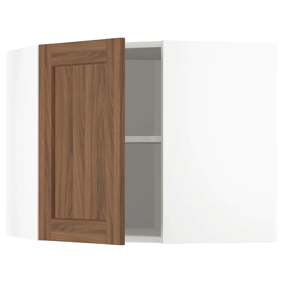 White METOD cabinet with walnut door, adjustable shelf.