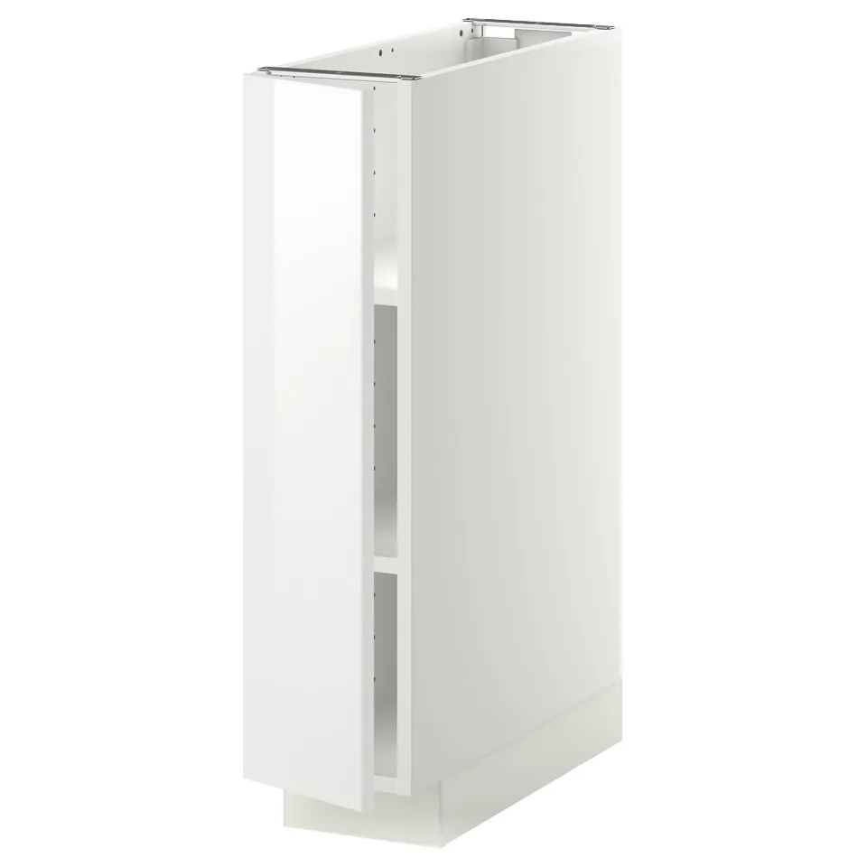 A white METOD kitchen cabinet with a glossy finish, rectangular shape, and adjustable shelf.