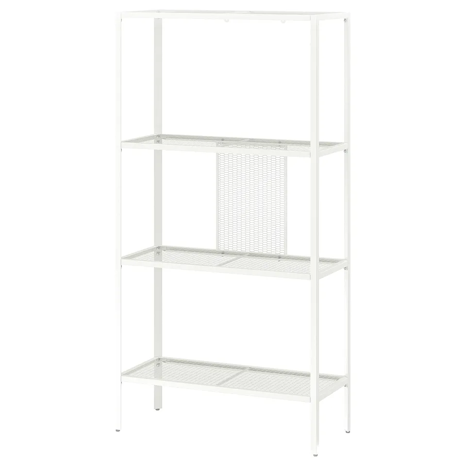 A white metal BAGGEBO bookshelf with four mesh shelves. It has a clean, minimalist design with a rectangular shape.
