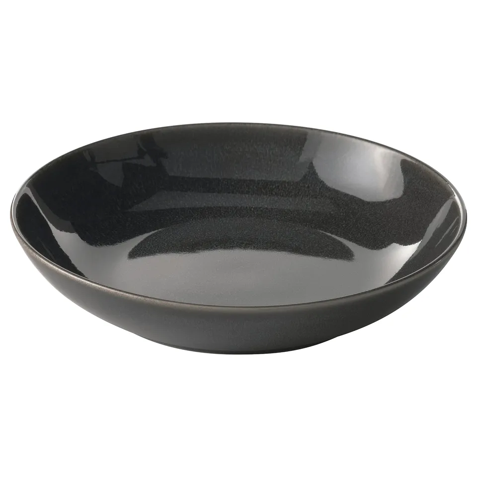 GLADELIG deep dark-grey plate, round, stoneware with reactive glaze, handcrafted look.