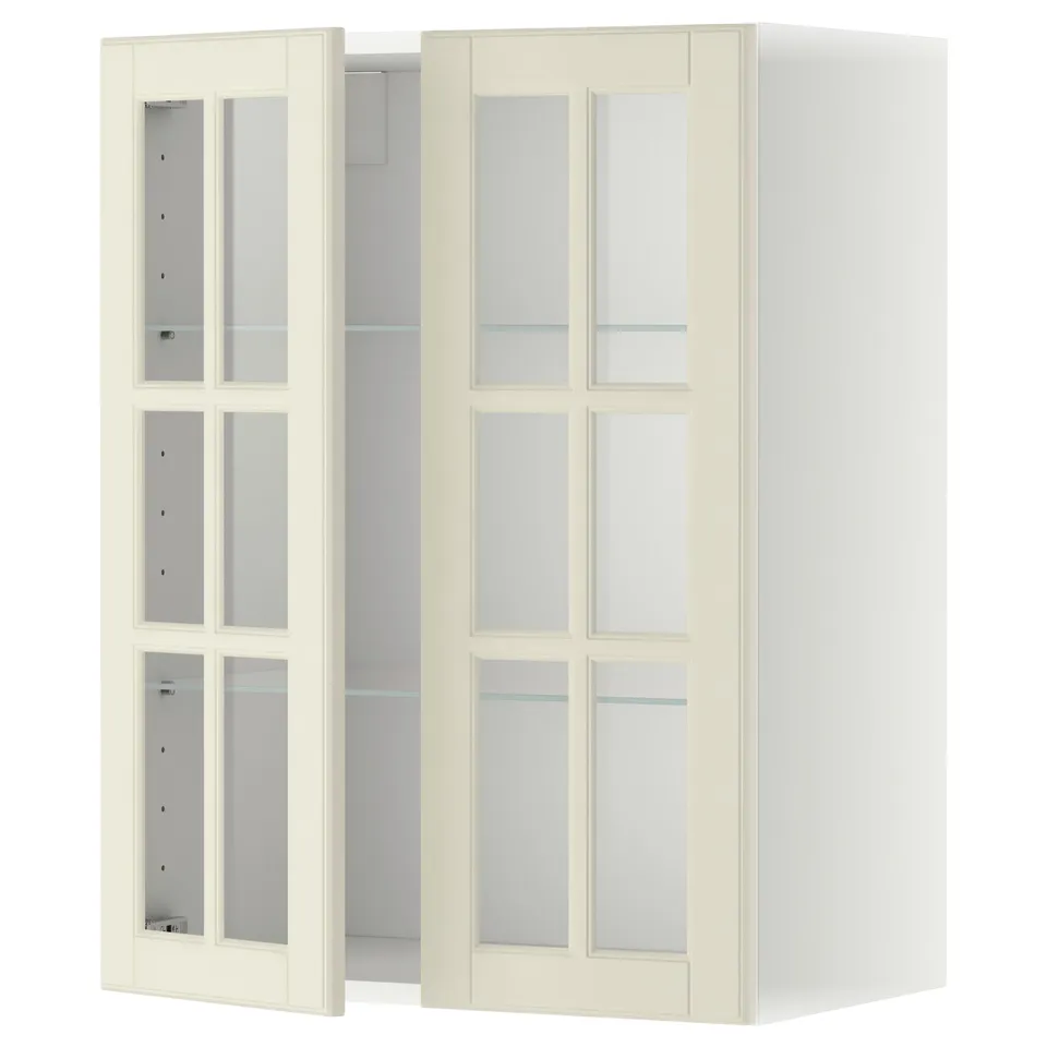Off-white METOD kitchen cabinet with glass doors, featuring traditional design and adjustable shelf.