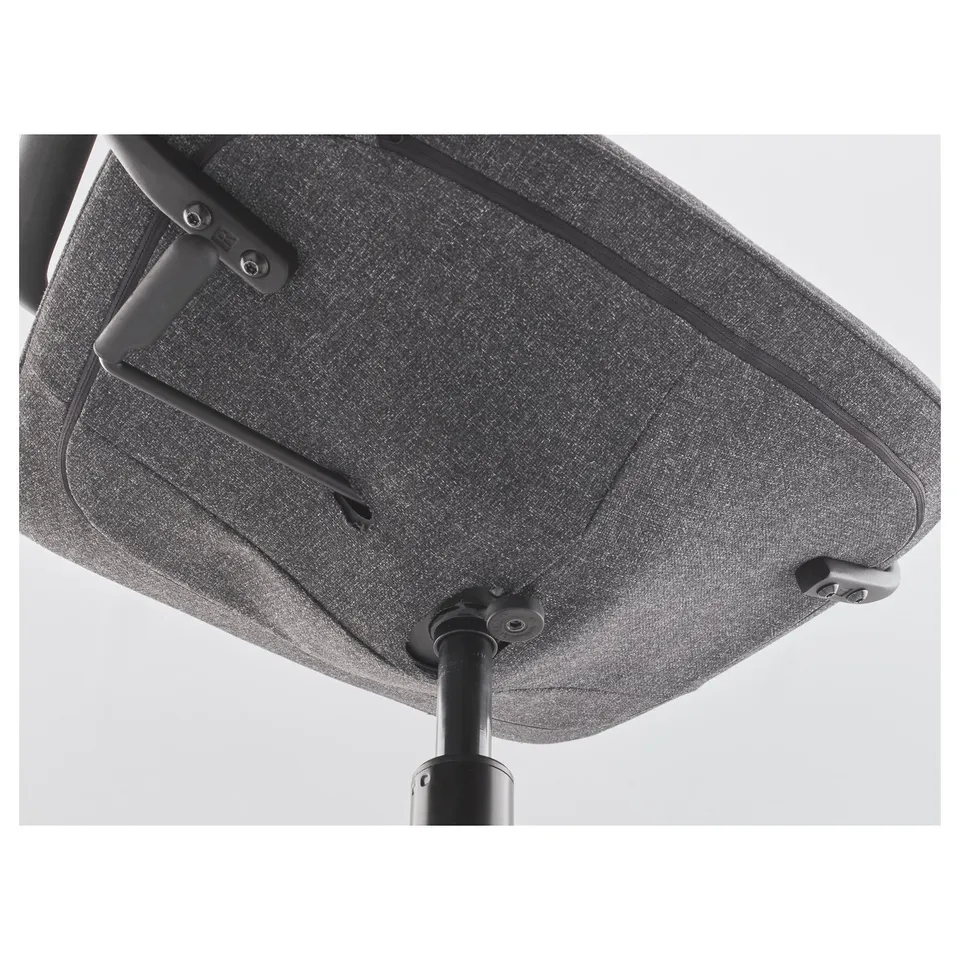 Modern grey office chair with adjustable height, tilt mechanism, and fabric upholstery.