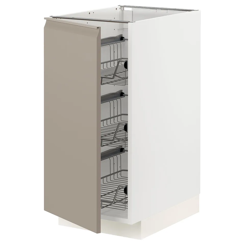METOD kitchen cabinet in matte grey-beige with wire baskets.