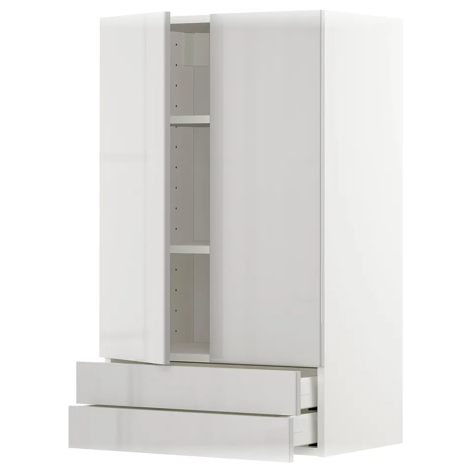 Modern white kitchen unit, two cabinets and two drawers, glossy finish.