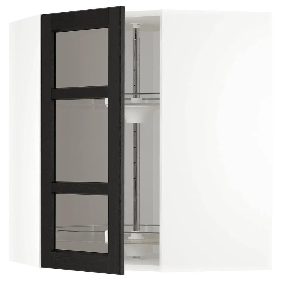 METOD kitchen cabinet with black stained glass door and bevelled edges. Adjustable shelf, white interior, 25-year guarantee.