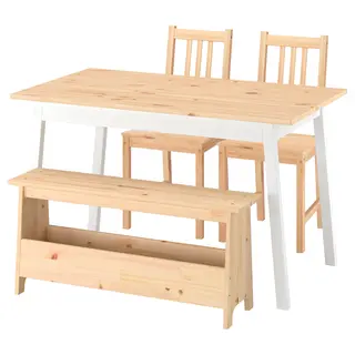 PINNTORP / PERJOHAN table with 2 chairs and bench, light brown stained white stained/light brown stained pine, 125 cm