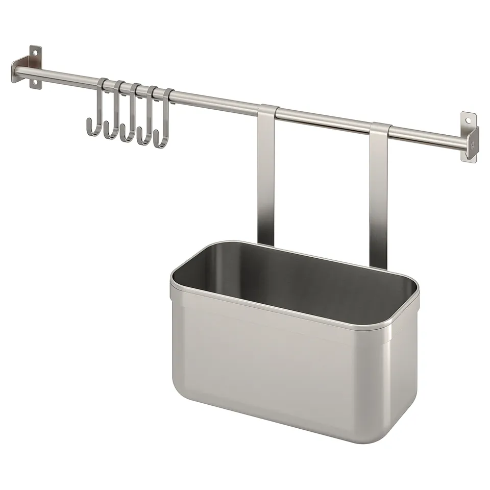 A KUNGSFORS stainless steel kitchen storage set with a rectangular container and a rail with hooks.