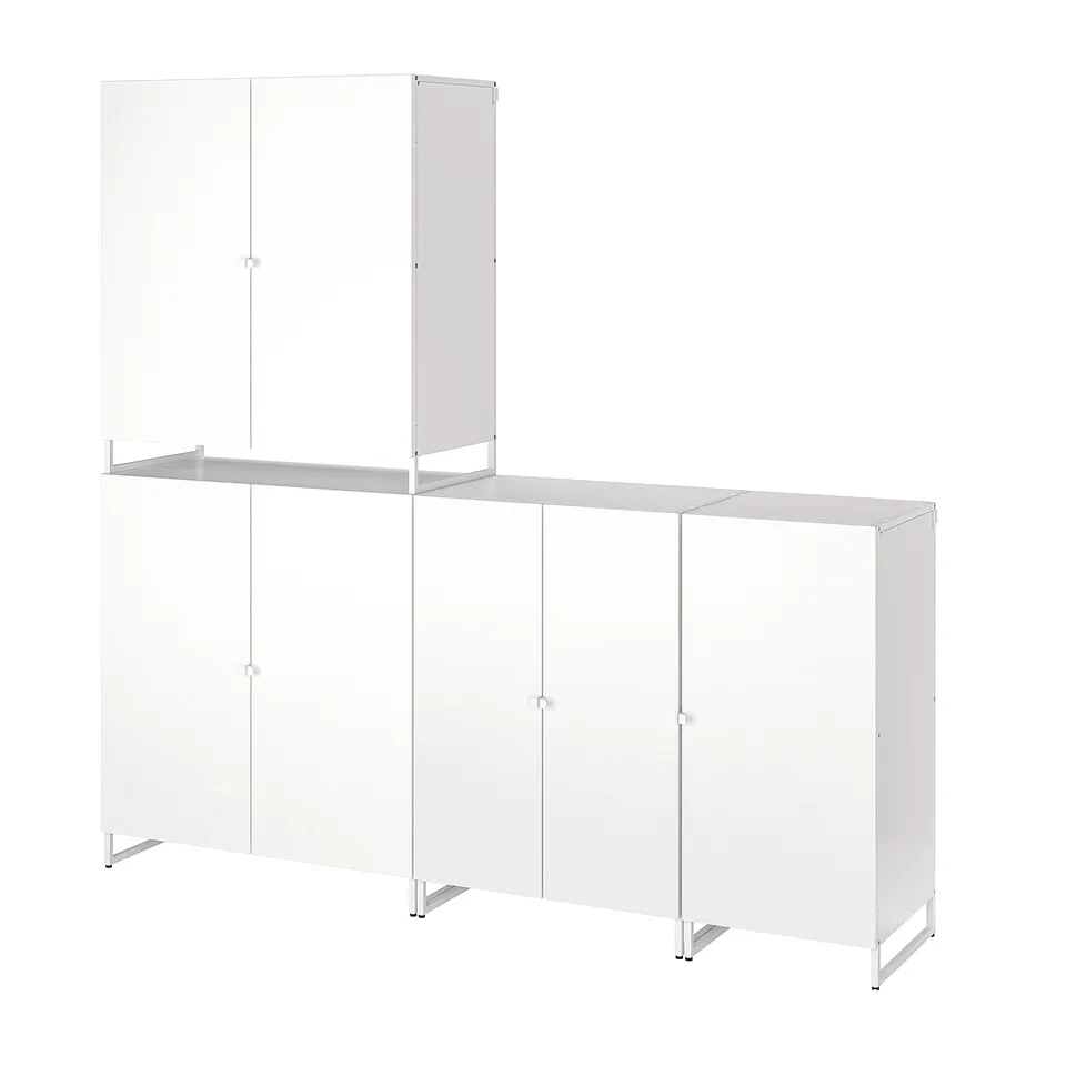 White JOSTEIN steel storage system for humid spaces, with shelves and doors.